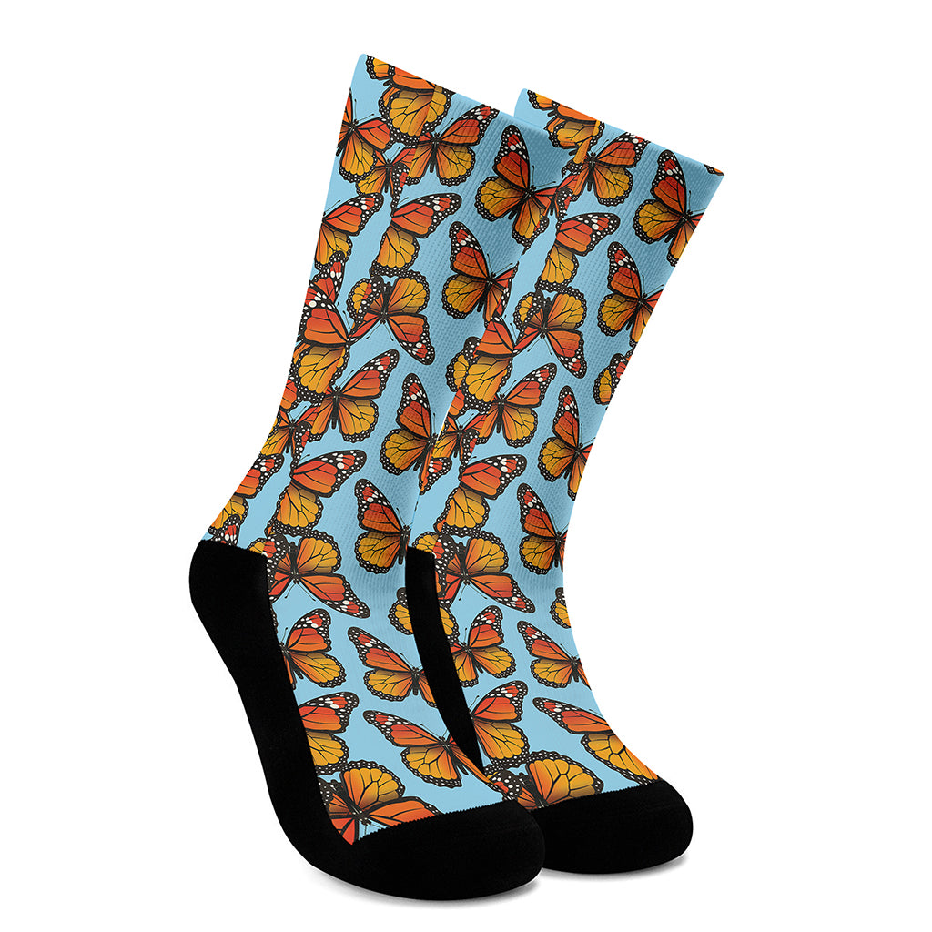 Orange Monarch Butterflies Pattern Print Crew Socks