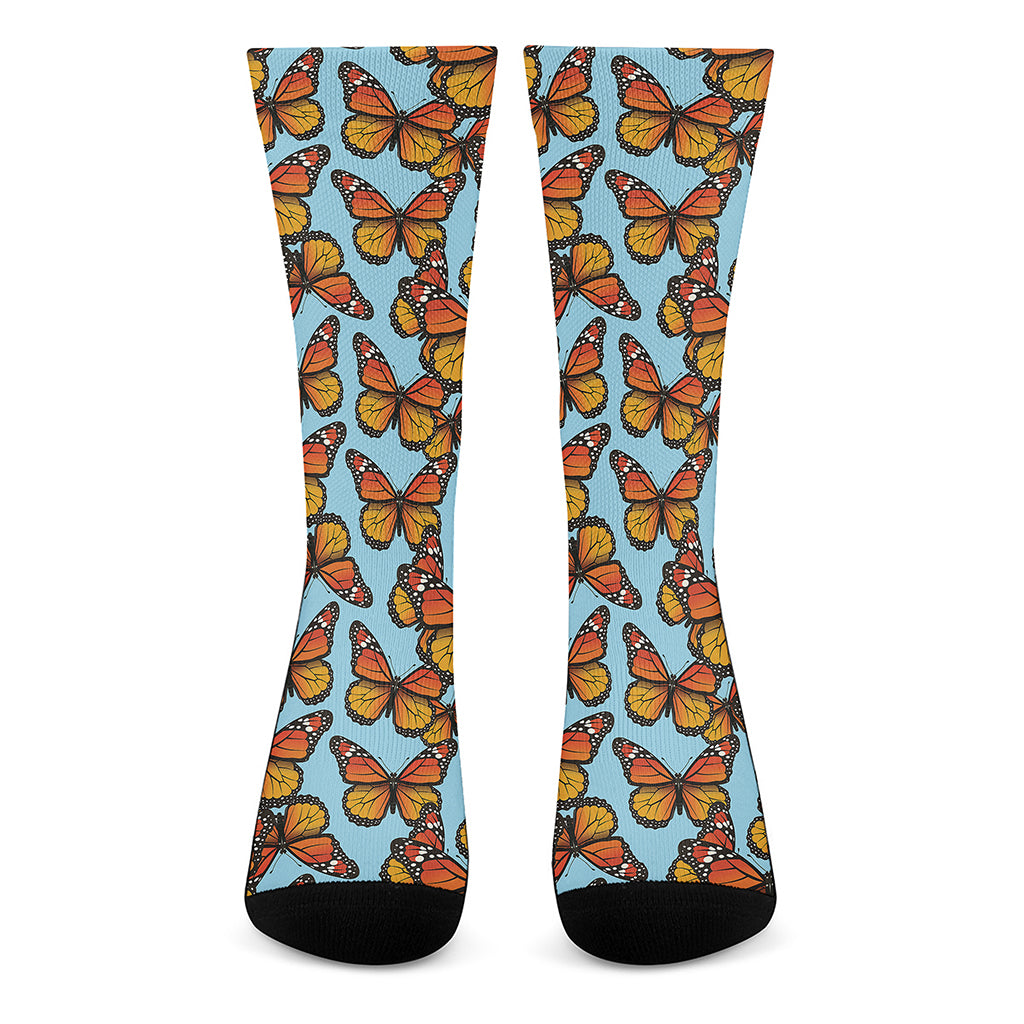 Orange Monarch Butterflies Pattern Print Crew Socks