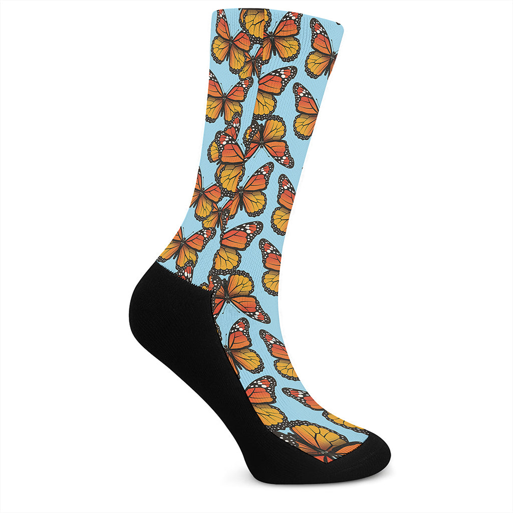 Orange Monarch Butterflies Pattern Print Crew Socks