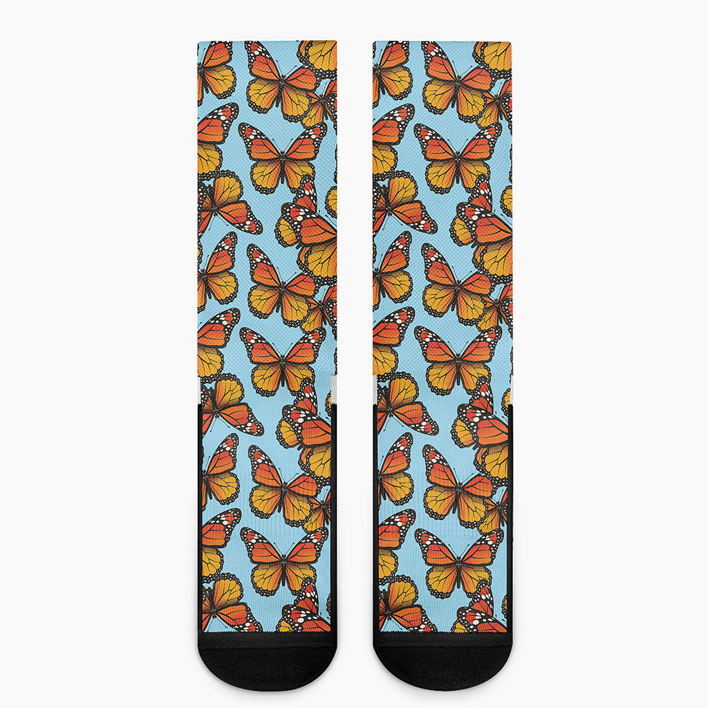 Orange Monarch Butterflies Pattern Print Crew Socks