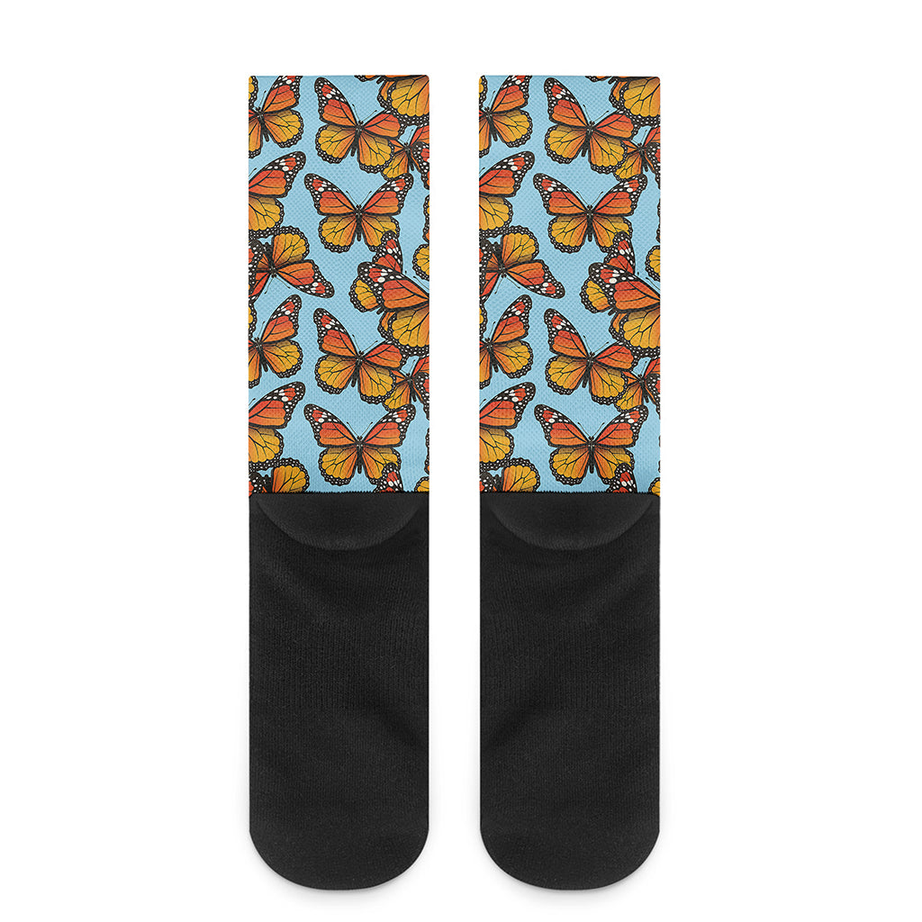 Orange Monarch Butterflies Pattern Print Crew Socks