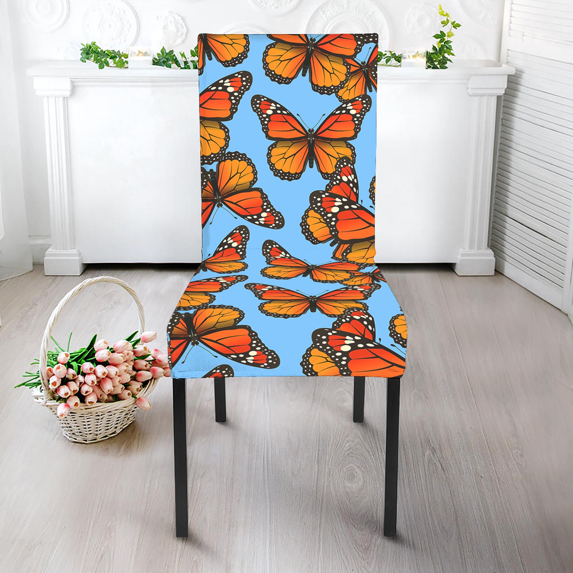 Orange Monarch Butterflies Pattern Print Dining Chair Slipcover
