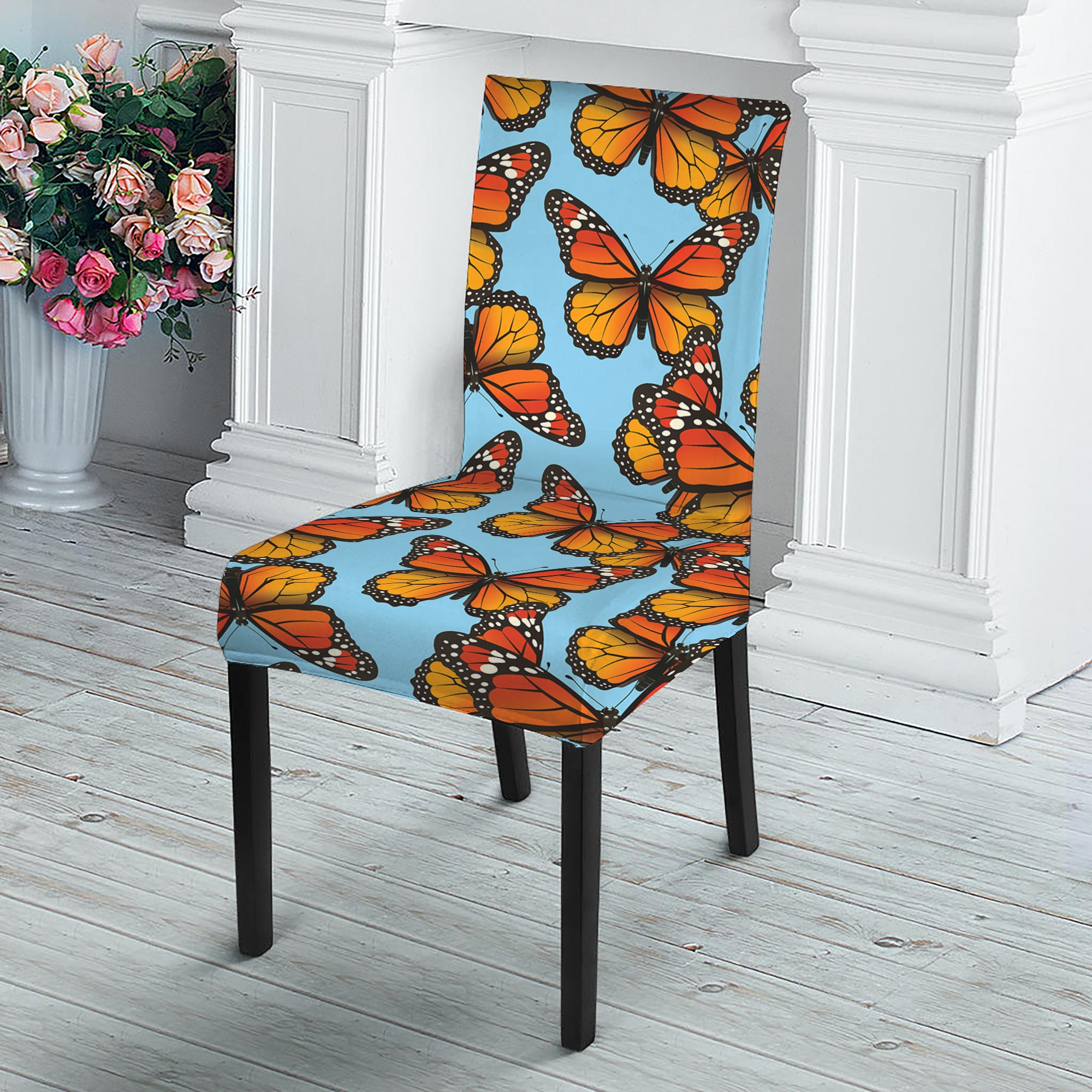 Orange Monarch Butterflies Pattern Print Dining Chair Slipcover