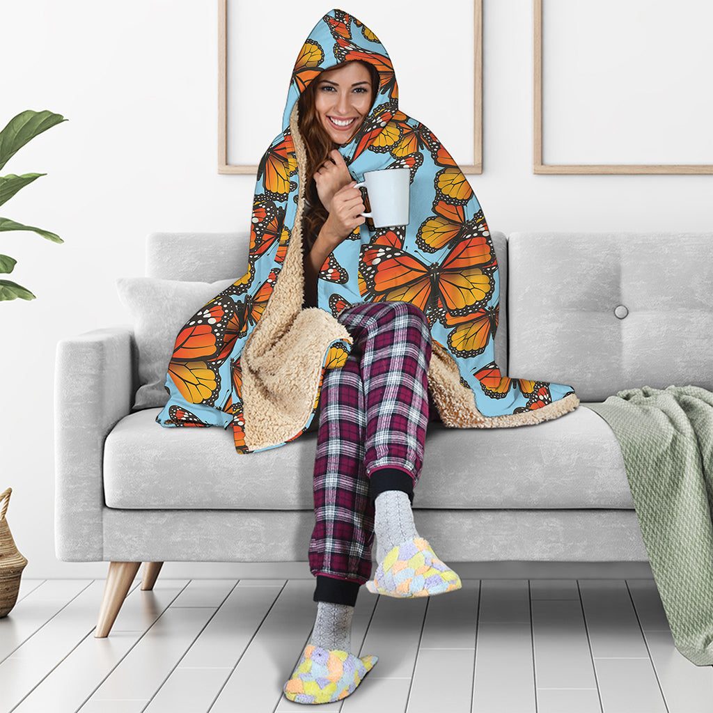 Orange Monarch Butterflies Pattern Print Hooded Blanket