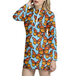 Orange Monarch Butterflies Pattern Print Hoodie Dress