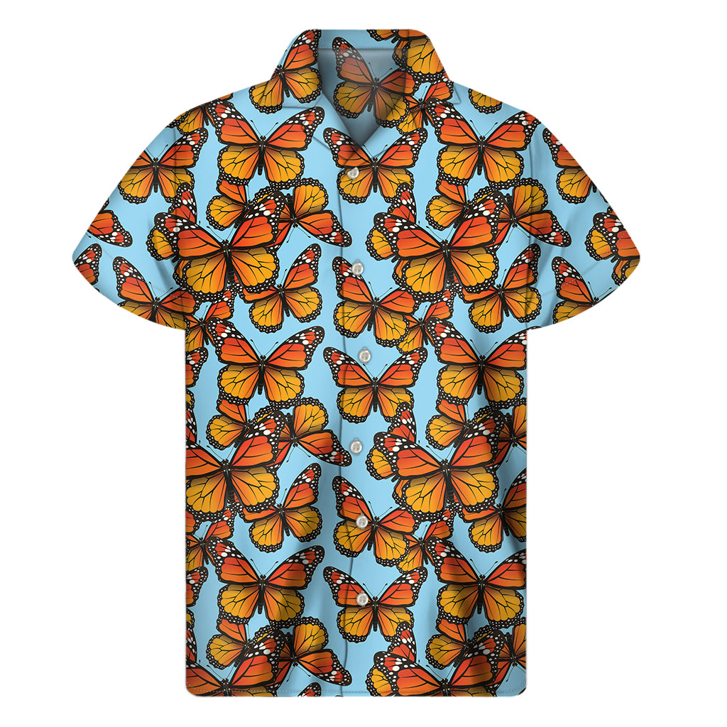 Orange Monarch Butterflies Pattern Print Men's Short Sleeve Shirt