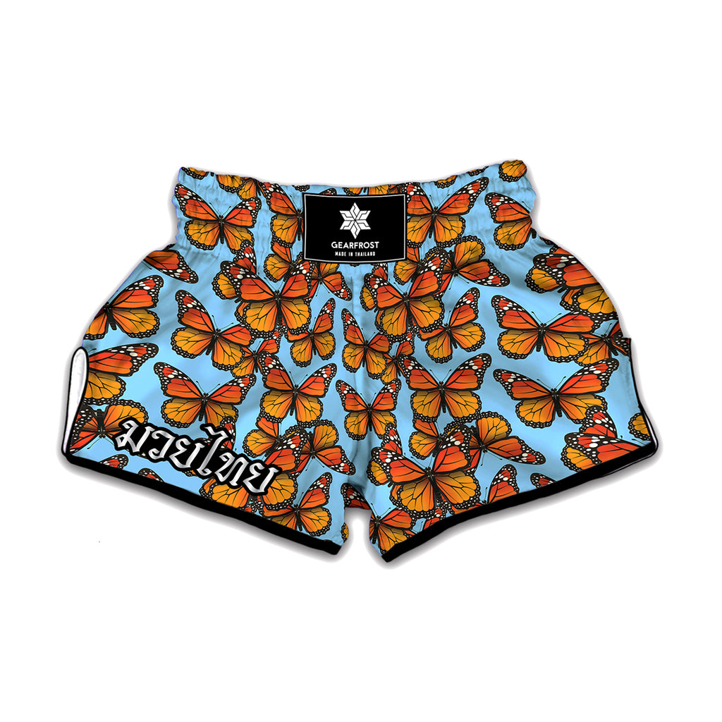 Orange Monarch Butterflies Pattern Print Muay Thai Boxing Shorts