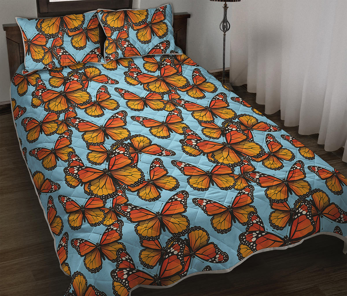 Orange Monarch Butterflies Pattern Print Quilt Bed Set