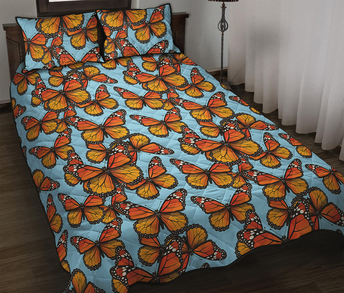 Orange Monarch Butterflies Pattern Print Quilt Bed Set