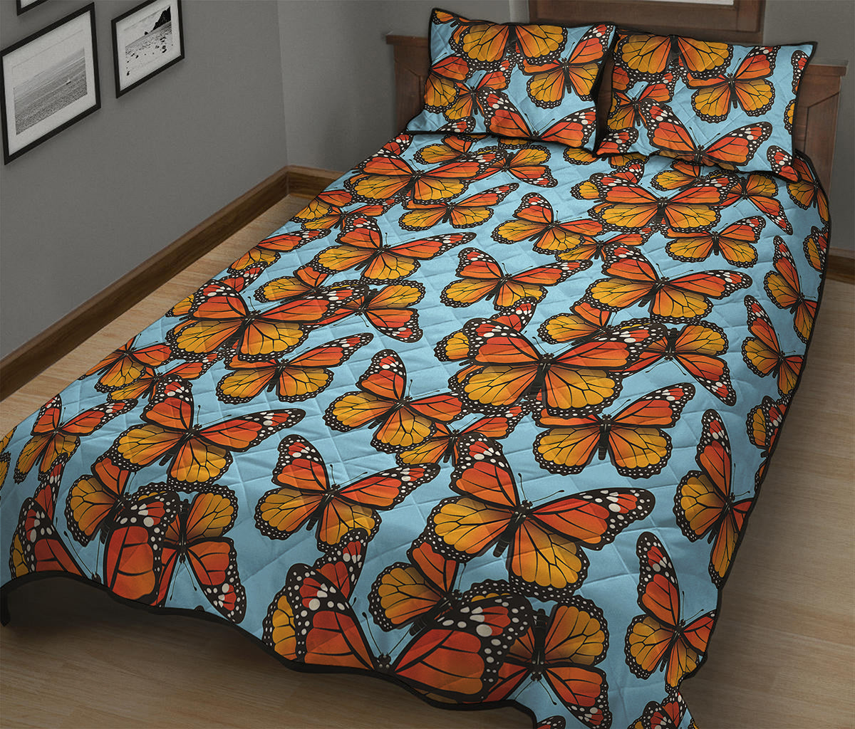 Orange Monarch Butterflies Pattern Print Quilt Bed Set