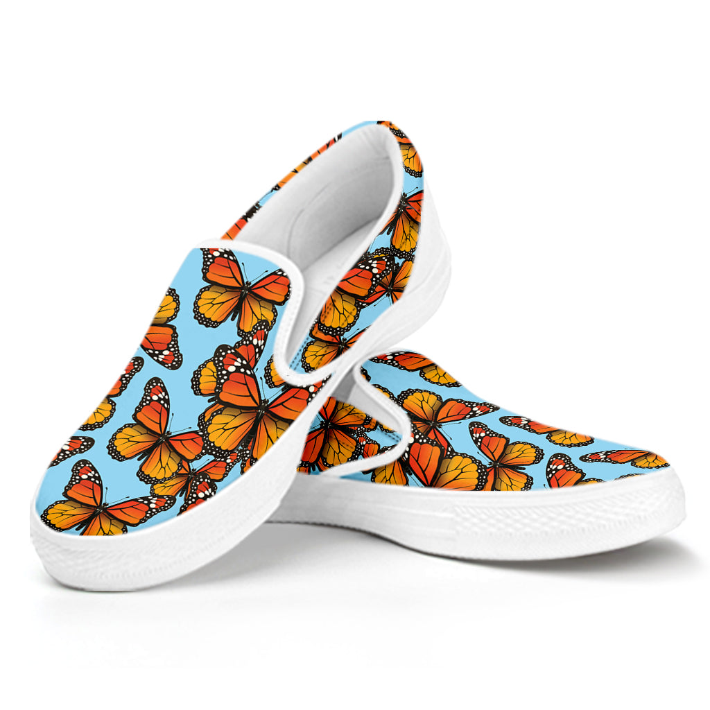 Orange Monarch Butterflies Pattern Print White Slip On Shoes