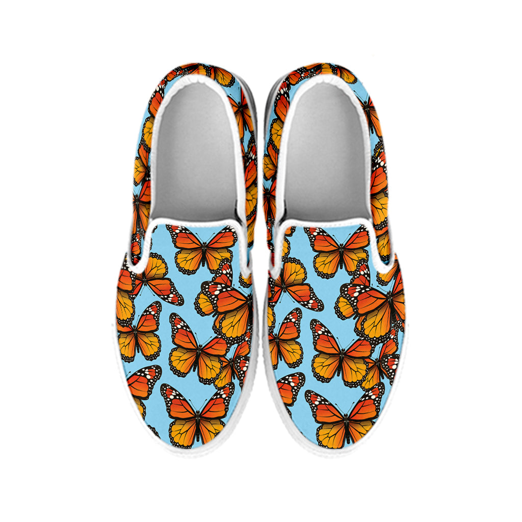 Orange Monarch Butterflies Pattern Print White Slip On Shoes