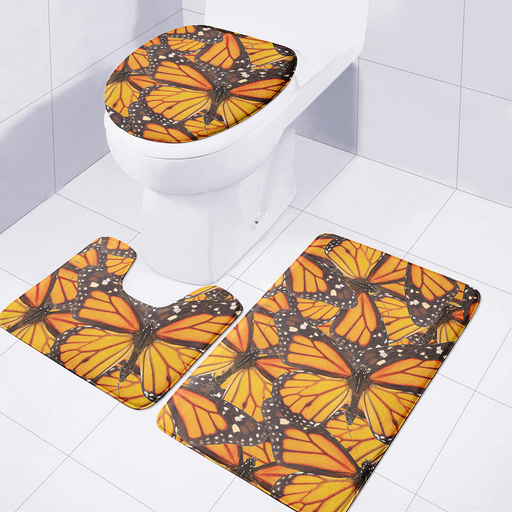 Orange Monarch Butterfly Pattern Print 3 Piece Bath Mat Set