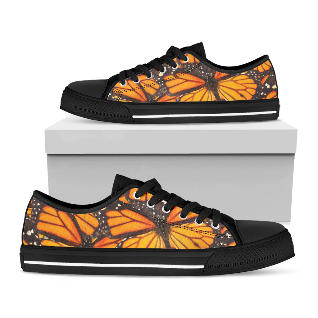 Orange Monarch Butterfly Pattern Print Black Low Top Shoes