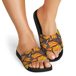 Orange Monarch Butterfly Pattern Print Black Slide Sandals