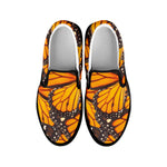 Orange Monarch Butterfly Pattern Print Black Slip On Shoes