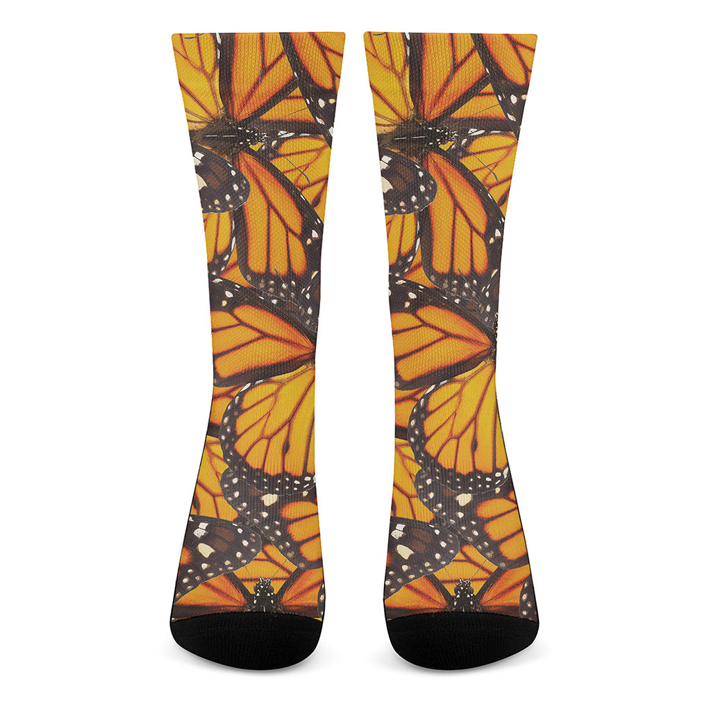 Orange Monarch Butterfly Pattern Print Crew Socks