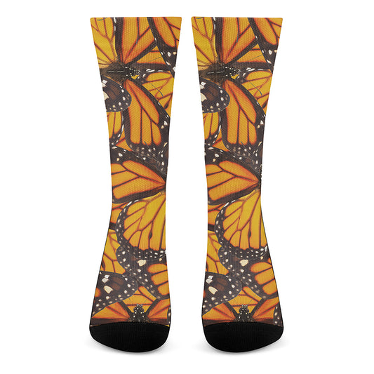 Orange Monarch Butterfly Pattern Print Crew Socks
