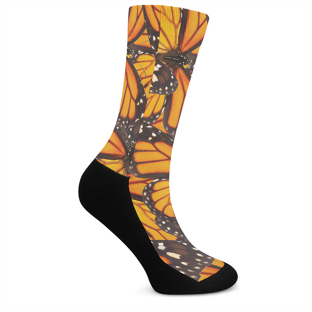 Orange Monarch Butterfly Pattern Print Crew Socks