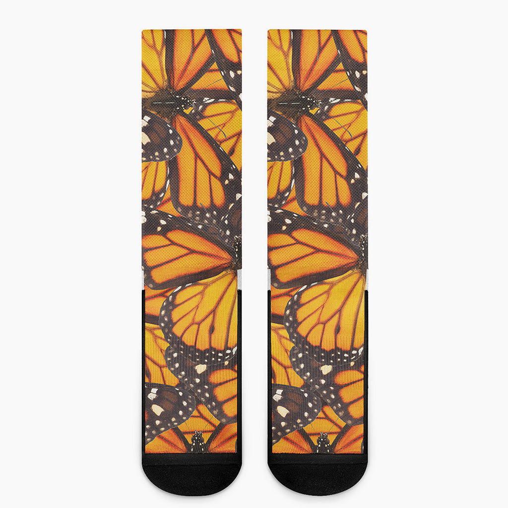Orange Monarch Butterfly Pattern Print Crew Socks