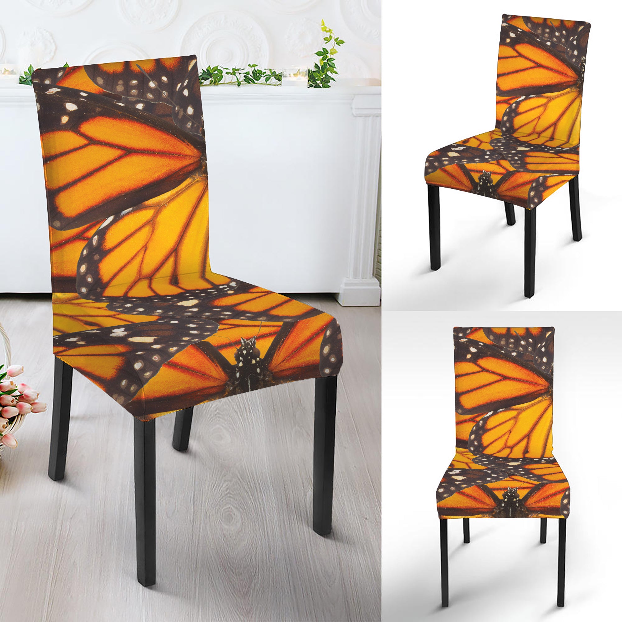 Orange Monarch Butterfly Pattern Print Dining Chair Slipcover