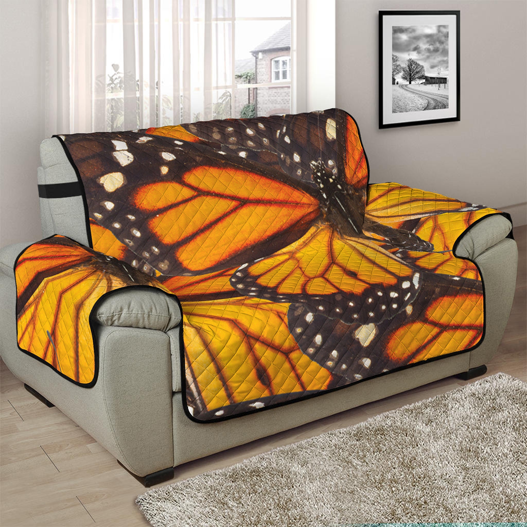 Orange Monarch Butterfly Pattern Print Half Sofa Protector
