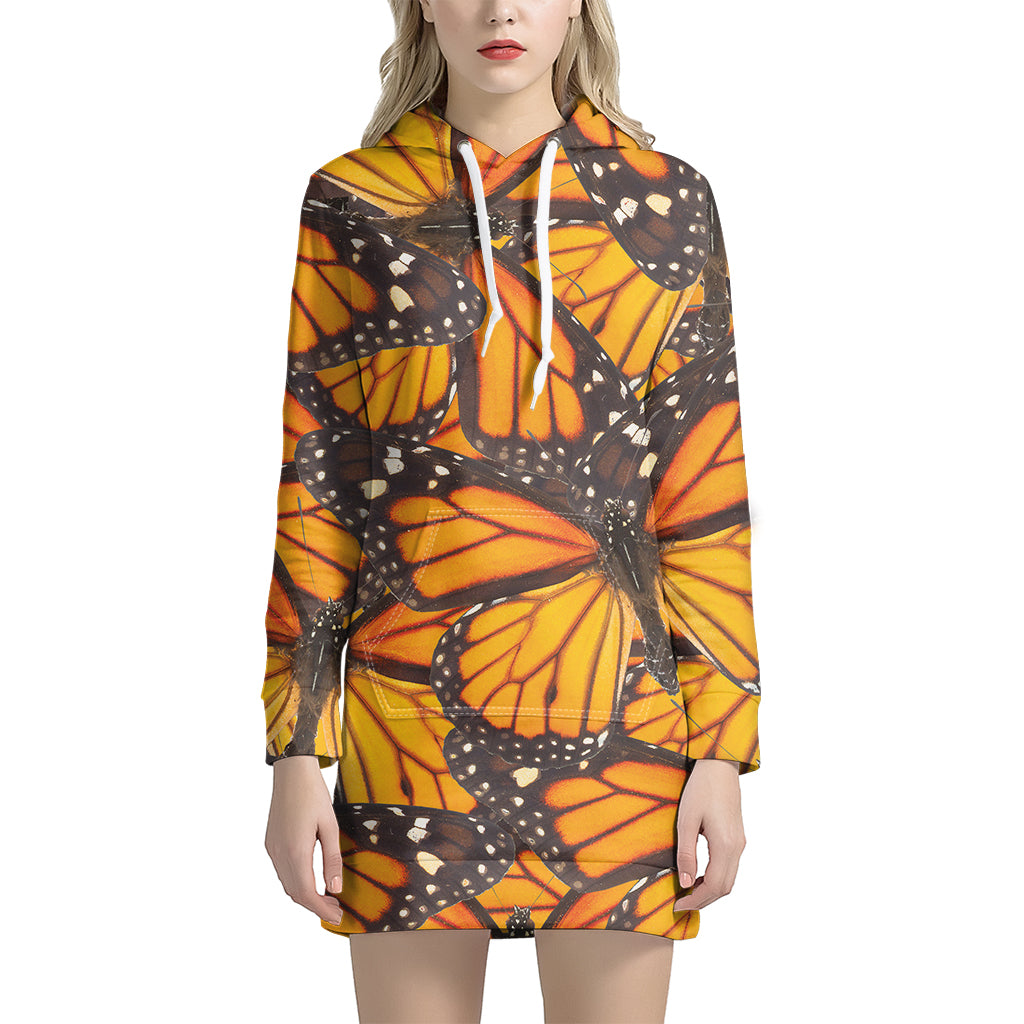 Orange Monarch Butterfly Pattern Print Hoodie Dress