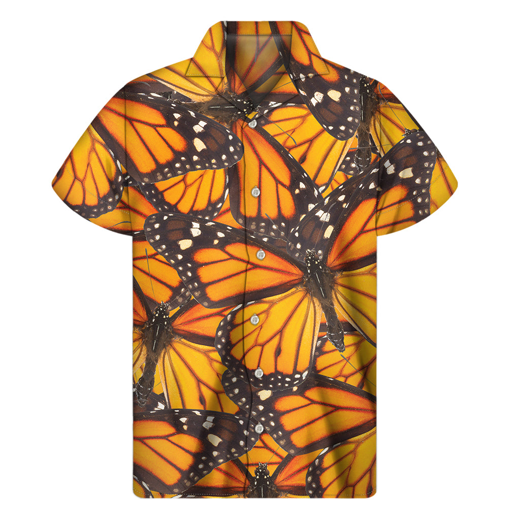 Orange Monarch Butterfly Pattern Print Men's Short Sleeve Shirt