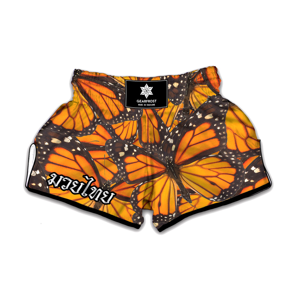 Orange Monarch Butterfly Pattern Print Muay Thai Boxing Shorts