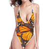 Orange Monarch Butterfly Pattern Print One Piece High Cut Swimsuit