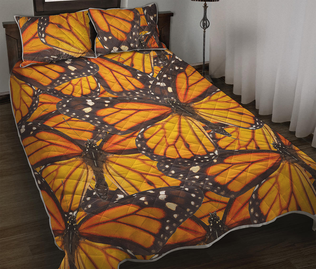 Orange Monarch Butterfly Pattern Print Quilt Bed Set