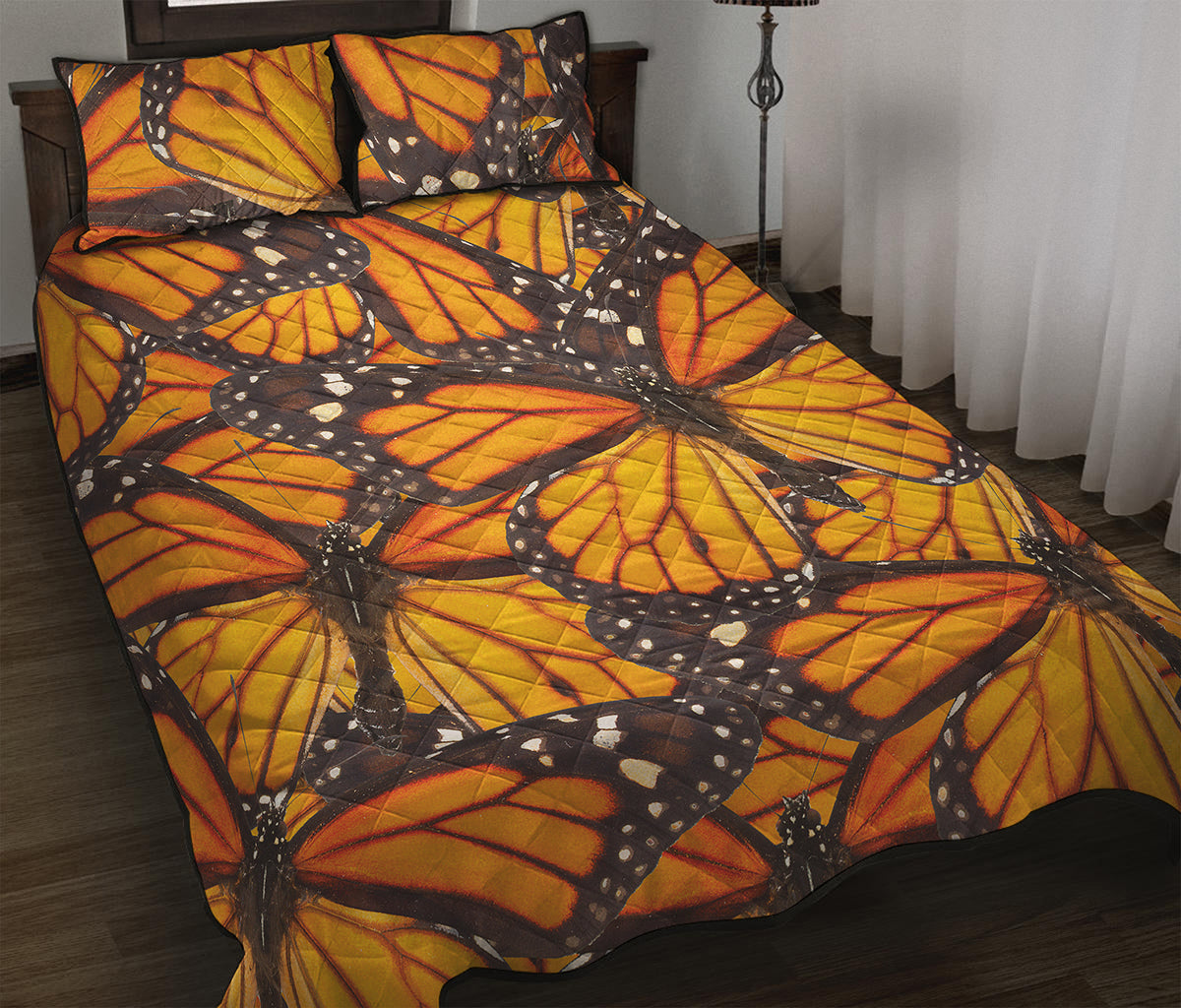 Orange Monarch Butterfly Pattern Print Quilt Bed Set