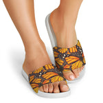 Orange Monarch Butterfly Pattern Print White Slide Sandals