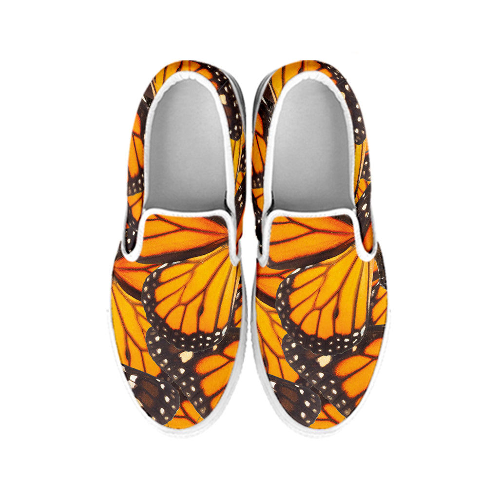 Orange Monarch Butterfly Pattern Print White Slip On Shoes