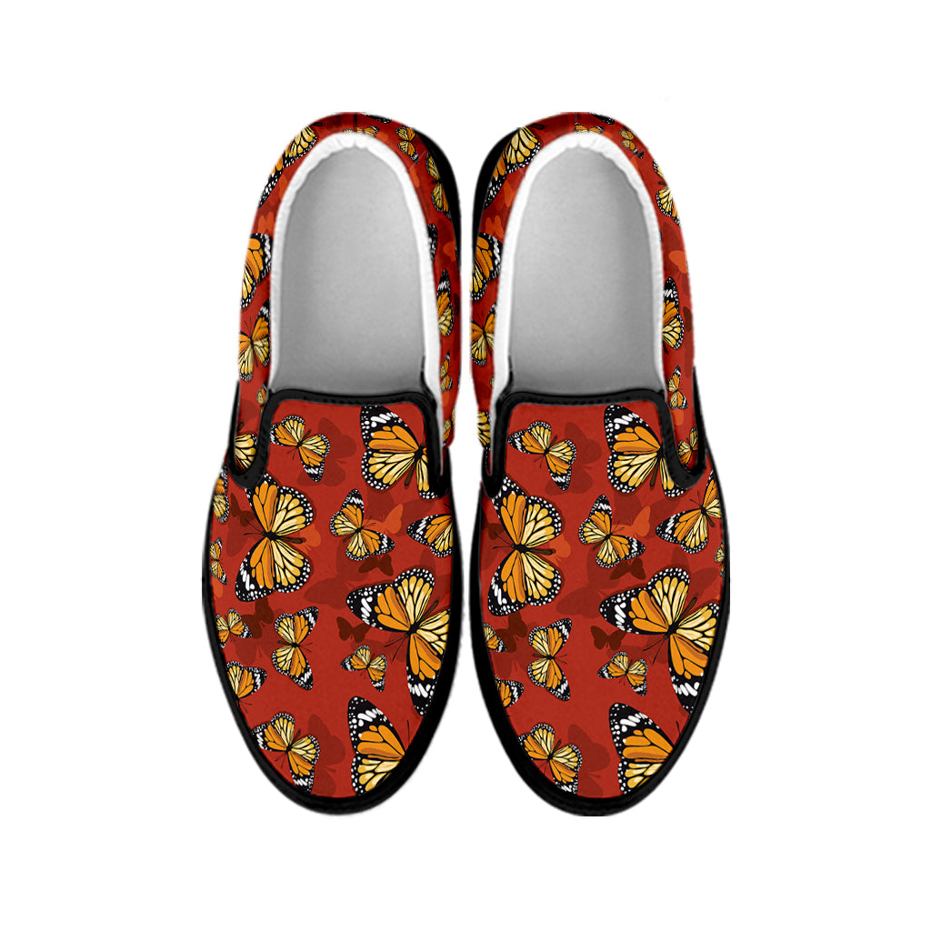 Orange Monarch Butterfly Print Black Slip On Shoes