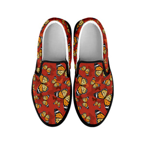 Orange Monarch Butterfly Print Black Slip On Shoes