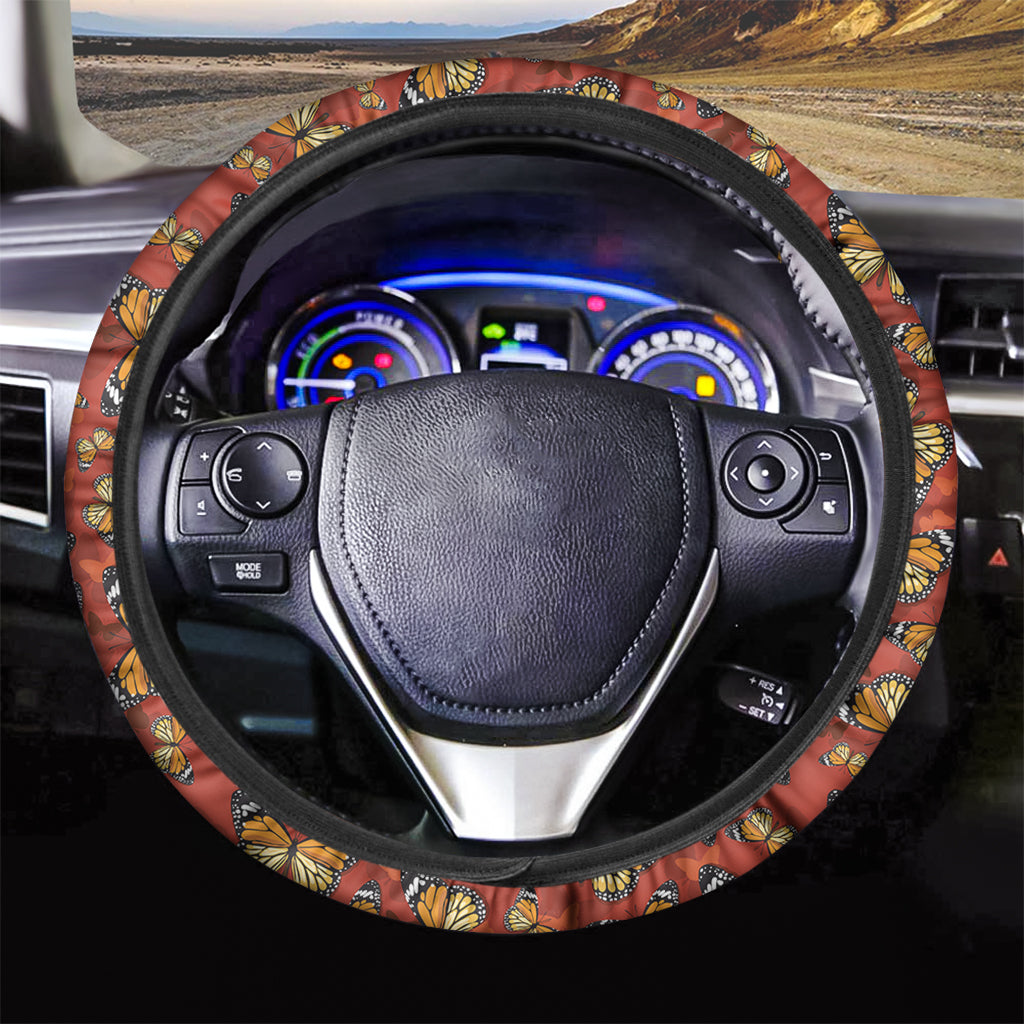 Orange Monarch Butterfly Print Car Steering Wheel Cover