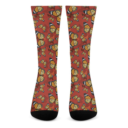 Orange Monarch Butterfly Print Crew Socks