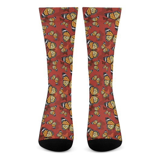 Orange Monarch Butterfly Print Crew Socks