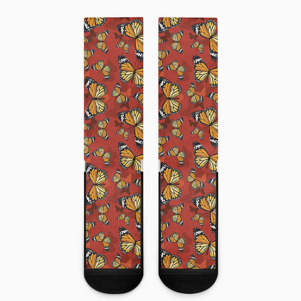 Orange Monarch Butterfly Print Crew Socks
