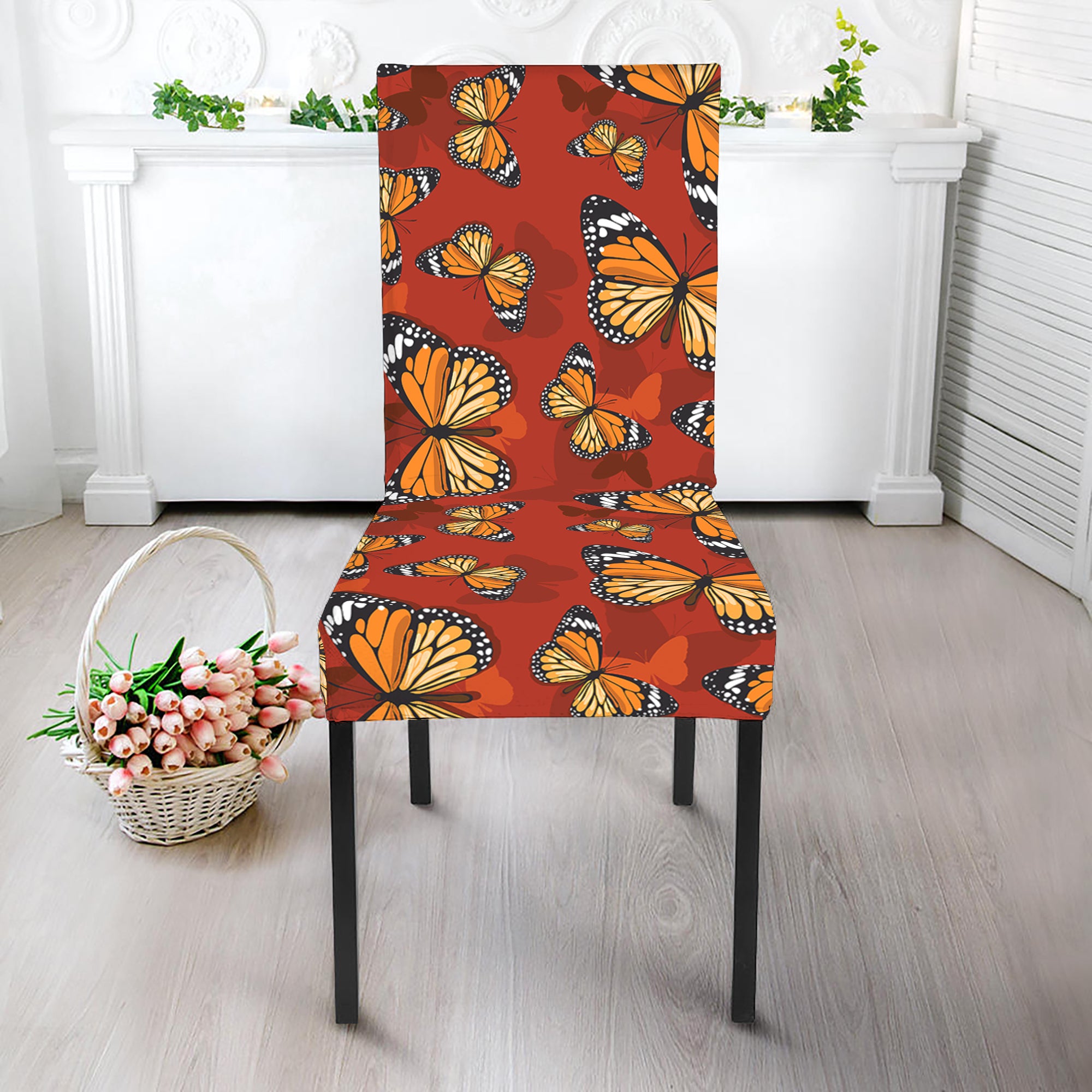 Orange Monarch Butterfly Print Dining Chair Slipcover