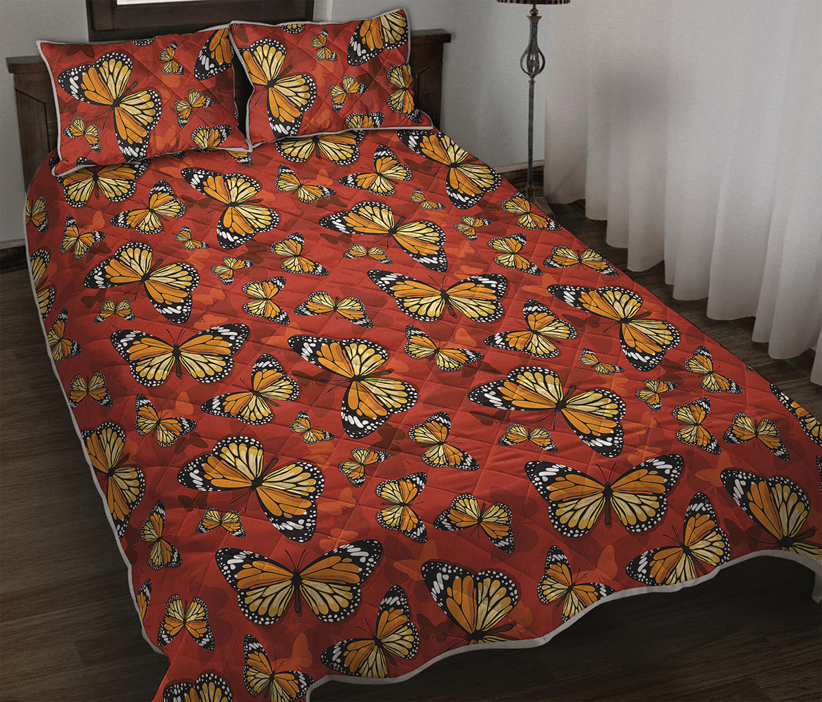 Orange Monarch Butterfly Print Quilt Bed Set