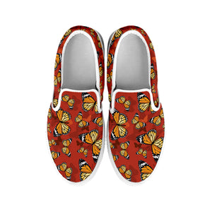 Orange Monarch Butterfly Print White Slip On Shoes