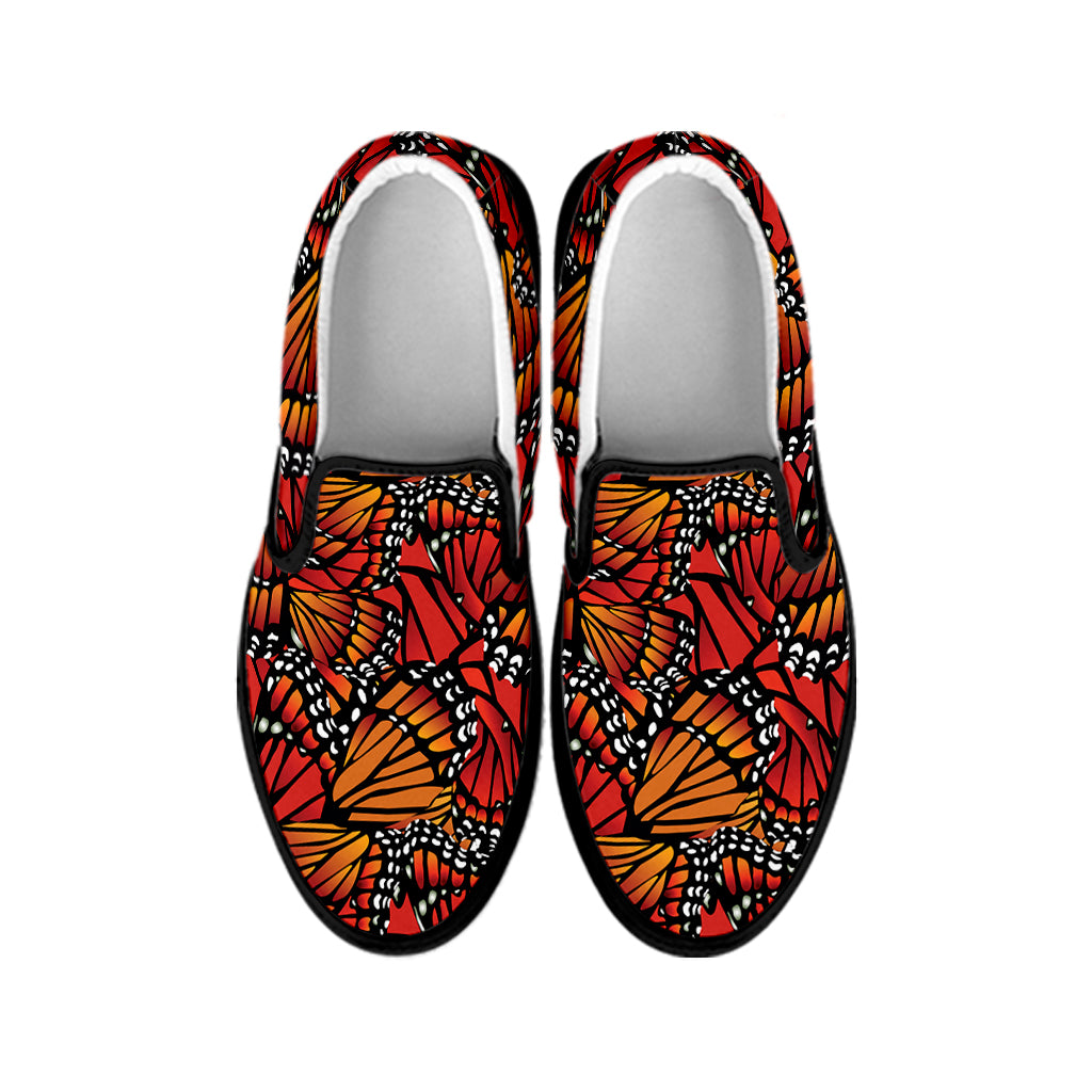 Orange Monarch Butterfly Wings Print Black Slip On Shoes