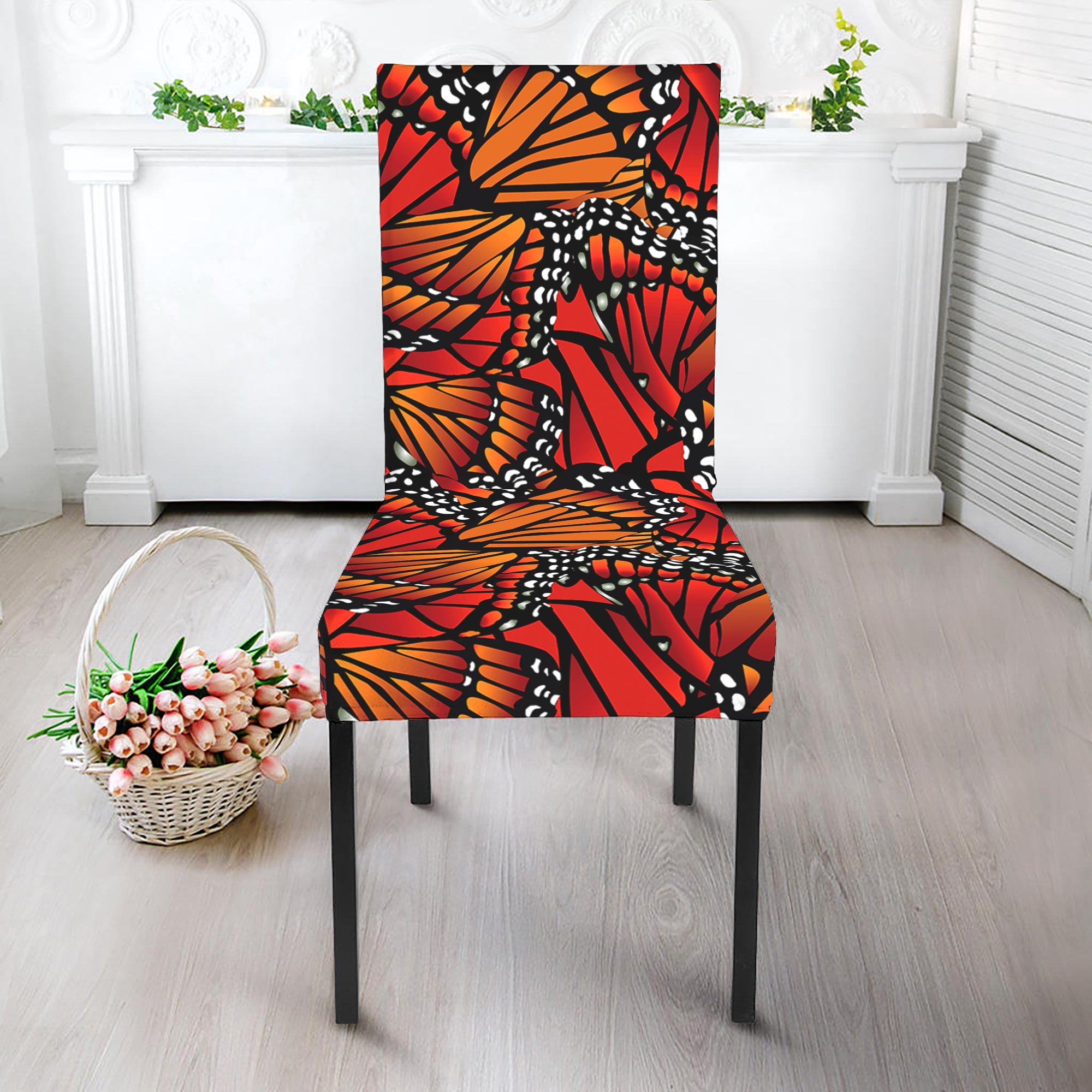Orange Monarch Butterfly Wings Print Dining Chair Slipcover