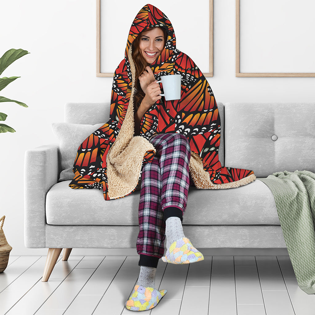 Orange Monarch Butterfly Wings Print Hooded Blanket