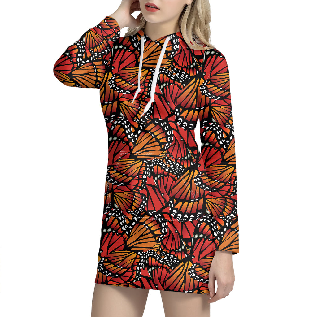 Orange Monarch Butterfly Wings Print Hoodie Dress