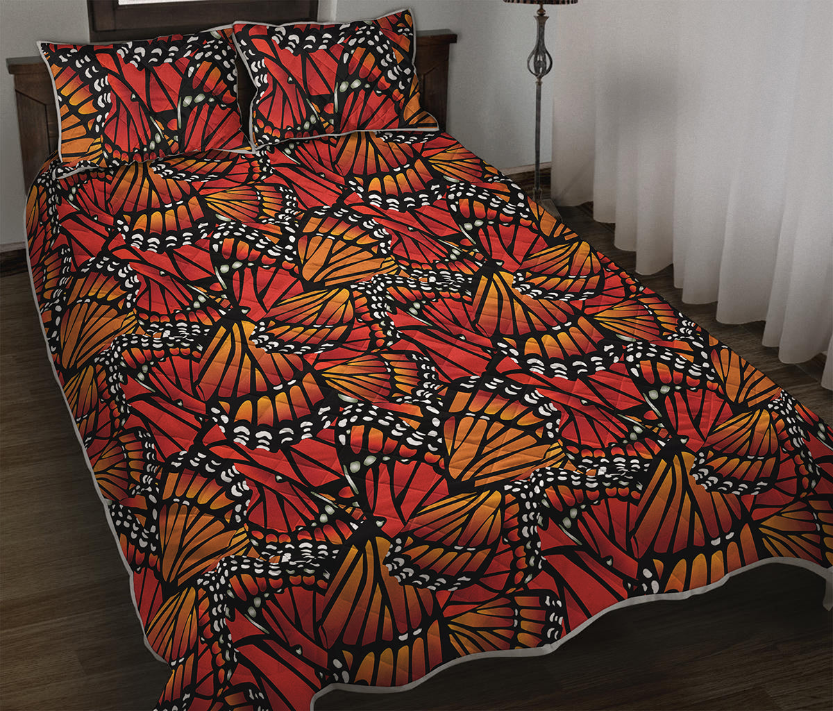 Orange Monarch Butterfly Wings Print Quilt Bed Set