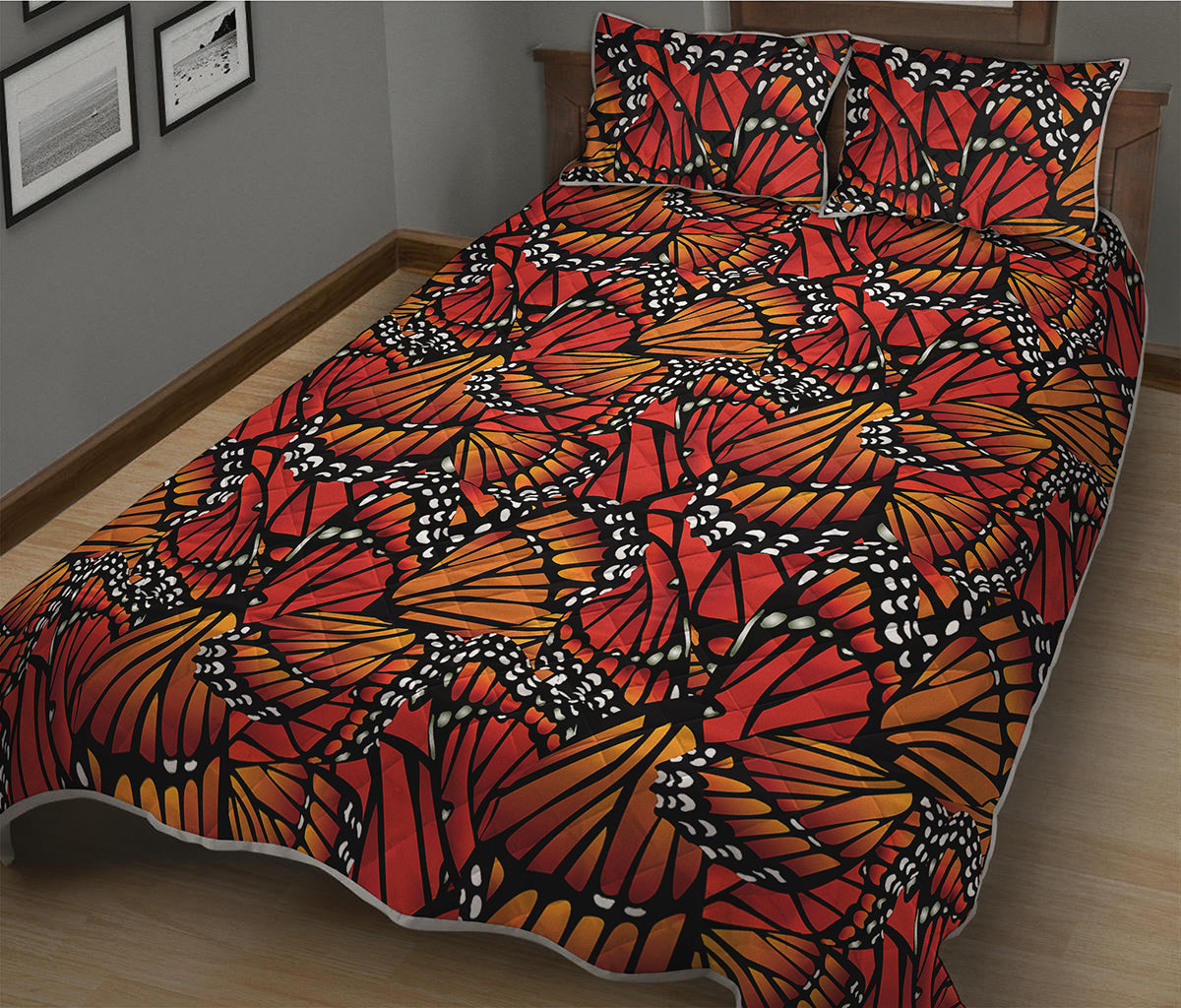 Orange Monarch Butterfly Wings Print Quilt Bed Set
