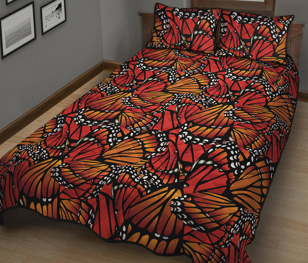 Orange Monarch Butterfly Wings Print Quilt Bed Set